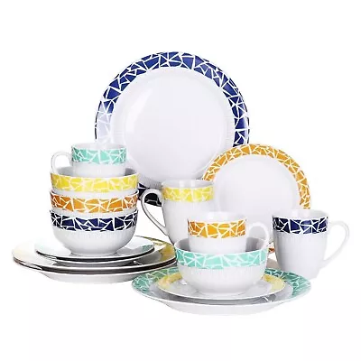 Buy 16pc Dinner Set Porcelain Dinnerware Plates Bowls Mugs Serving Dish Multi Rim • 49.95£