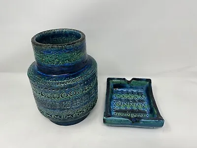 Buy Bitossi Italy Aldo Londi Raymor Rimini Blue Glaze Art Pottery 7” Vase + Ashtray • 182.22£