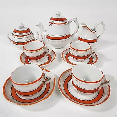 Buy Vintage 11 Piece Set Of Childs Tea Set China Porcleain White Gold Orange Stripe • 38.52£
