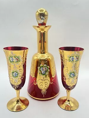 Buy Antique Vintage Moser Bohemian Cranberry Glass Decanter & Two Wine Glasses • 115£