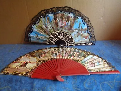 Buy 2 Vintage Spanish Fans Fabric & Black Lace Bamboo & Paper • 7.99£