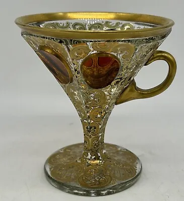Buy Antique Moser Glass, Amber Cabochon, Wine Glass, Gold Gilt, Czechoslovakia • 129.47£