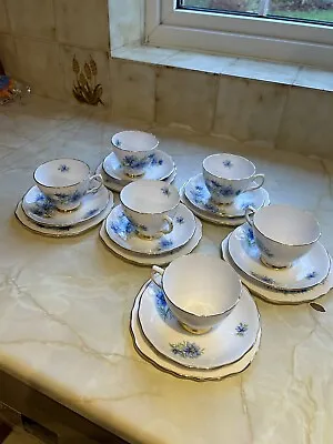 Buy Vintage Colclough Ridgway Potteries China Blue  Tea Cup Saucers Trio X 6 Set • 30£