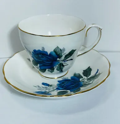 Buy Vintage Duchess Bone China Teacup & Saucer Blue Rose Floral With Gold Trim • 17.36£