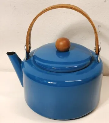 Buy Blue Enamel Ware Wood Handle Knob Teapot Kettle Retro MCM • 6.63£
