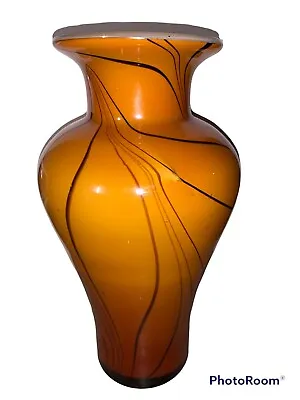Buy Studio Art Glass Pulled Feather Luster Tiger Brown Amber Vase 12” Art Nouveau • 51.97£
