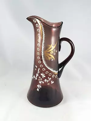 Buy Antique Hand Painted Hand Blown Art Glass Pitcher Purple Vase Painted Flowers • 327.18£