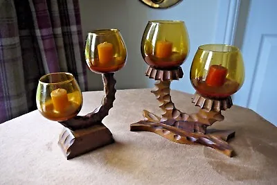 Buy Two Vintage Spanish Wooden And Amber Glass Globe Candelabra • 49£