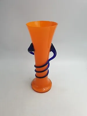 Buy Art Deco Franz Welz Chech Tango Orange Glass Tall Vase Cobalt Blue Spiral Swirl • 29.99£