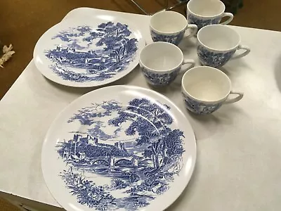 Buy Vintage Enoch Wedgwood Countryside Blue Ware 2 Dinner Plates 5 Coffee Cups • 23.66£