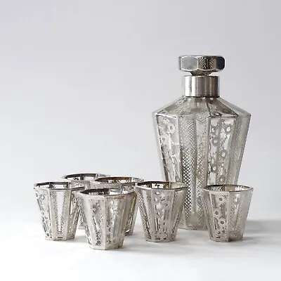 Buy Vintage Art Deco Bohemian Art Glass Silvered Liqueur Decanter & Glasses Set • 21£
