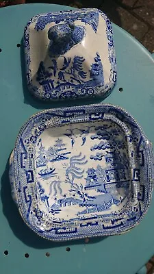 Buy Vintage Oriental Blue And White Pottery Serving Dish With Lid • 34.99£
