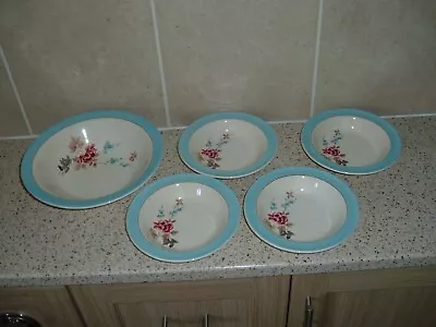 Buy Set Of Biltons Fruit Bowls - Serving Bowl And 4 Small Bowls With Blue Rim Floral • 10£
