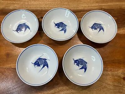 Buy Set Of 5 Vintage Koi Fish Hand Painted Blue White Porcelain 4  Dipping Bowls • 28.38£