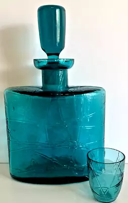 Buy Vintage Handblown Square Glass Decanter Turquoise With Stopper & Shot Glass • 47.15£