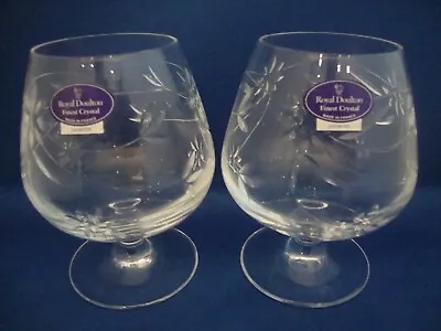 Buy 2 X Royal Doulton Crystal Jasmine Cut Brandy Glasses With Stickers - Not Signed • 39.95£