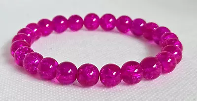Buy Elasticated Shocking Pink Crackle Glass Round Bead Bracelet – NEW • 2.75£