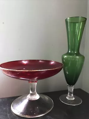 Buy Vintage Coloured Glass-Cranberry Sweet Bowl/Green Vase 1970’s • 2.49£