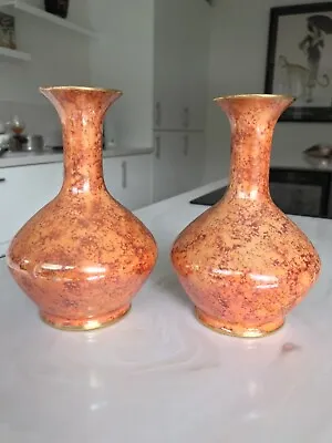 Buy Pair Of Antique Carlton Ware Stem Vases C1894 -1926 /Orange Lustre Marble Effect • 19.99£