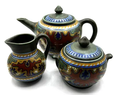 Buy Vintage Gouda Pottery-Holland-Rhodian-Teapot-Creamer-Sugar Set #41 • 246.56£