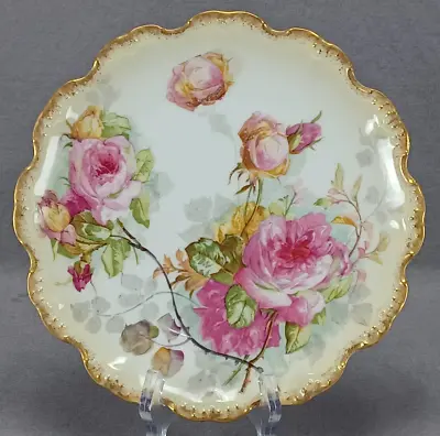 Buy Limoges Large Pink & Yellow Roses & Gold 8 1/2 Inch Plate Circa 1906-1920s • 142.48£