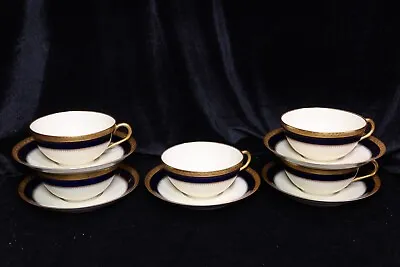 Buy Black Knight Fontainebleau 5 Cups & Saucers Cobalt Blue & Gold Encrusted Bands • 62.45£