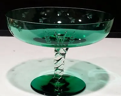 Buy Vintage Green Glass Twisted Stem Compote Candy Bowl Etched Flowers  W  Monogram • 26.28£