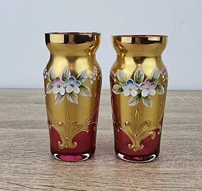 Buy Bohemian Glass Vase Czechoslovakia Red-  Gold Gilt Enameled Flowers Set Of 2. • 45£