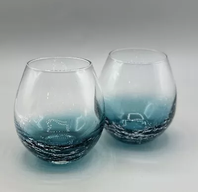Buy Pier 1 Hand Blown Blue Crackle Stemless Wine Glass Set Of 2 • 46.03£