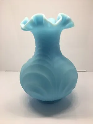 Buy Vint. Fenton 8  Turquoise Blue Satin Drapery Pattern Art Glass Ruffled Vase Mint • 38.60£