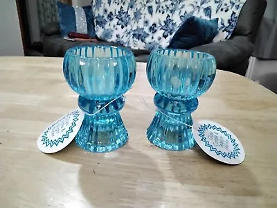 Buy  Blue Glass Candlestick Or Tea Light Holders Small Set Of 2 NEW. • 10£