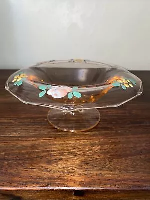 Buy Vintage Pink Depression Glass Hand Painted Floral Pedestal Bowl • 13.99£