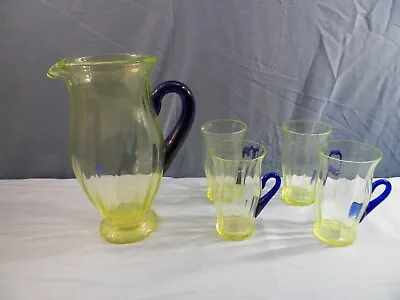 Buy Fenton Topaz Vaseline Glass Water Set W/ Cobalt Handles Pitcher & 4 Tumblers • 155.62£