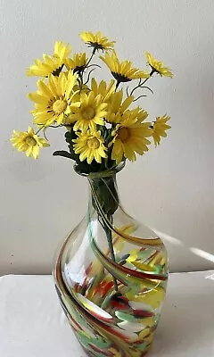 Buy Unique Mid Century Art Glass Clear W/ Color Marble Swirls Large Vase 15.5”x 9.5” • 74.94£