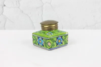 Buy Old Ceramic Indian Hand-Painted Floral Art Design Blue Pottery Ink Pot Brass Cap • 45.06£