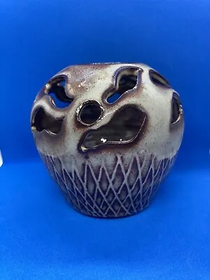 Buy Vintage Welsh Studio Pottery Pierced Earthenware Brown Tealight Holder/Vase 9cmT • 11.99£