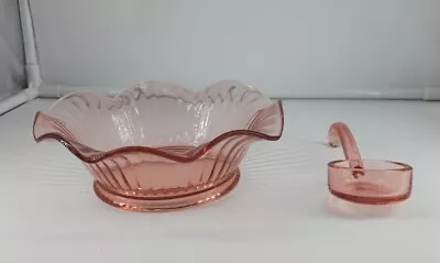 Buy Anchor Hocking Pink Depression Glass Twisted Optic Ruffled Bowl 6 1/2  & Spoon • 21.13£