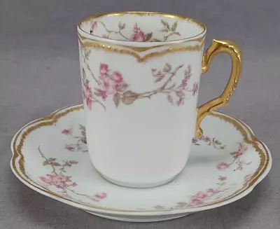 Buy Limoges Schleiger 462A Pink Roses Floral & Double Gold Chocolate Cup & Saucer A • 120.47£