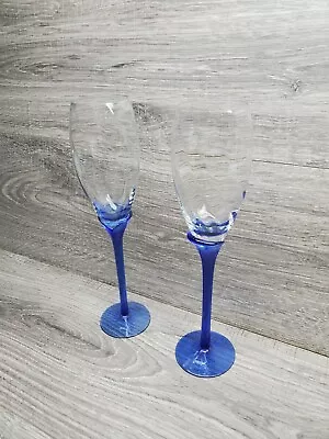 Buy 2 Vtg Bright Blue Cobalt Blue Long Stem Champagne Wine Glasses Handblown Glass • 16.41£