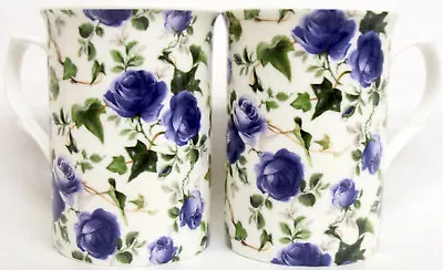 Buy Ivy Rose Blue Mugs Set 2 Fine Bone China Blue Roses Mugs Hand Decorated In UK • 14.90£