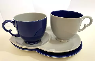 Buy Crown Devon Tea Cup & Combined Saucer Teaplate Pair In Royal Blue & Grey • 35£