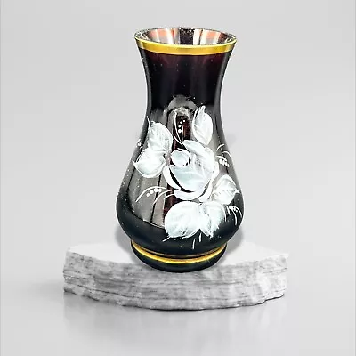 Buy Miniture Bohemia Glass Czech Vase - Cranberry - Gold Gilt, Applied Flowers CC • 19.28£