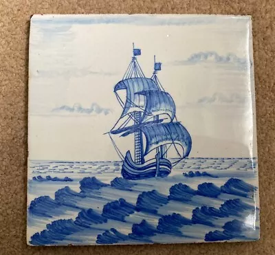 Buy Antique Delft C1800 Blue & White Sailing Ship Tile 6”sq • 50£