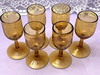 Buy Brown Amber Crackle Glass Cordial Wine Glasses 5 1/8” Set Of 6 Vintage Art Glass • 32.60£