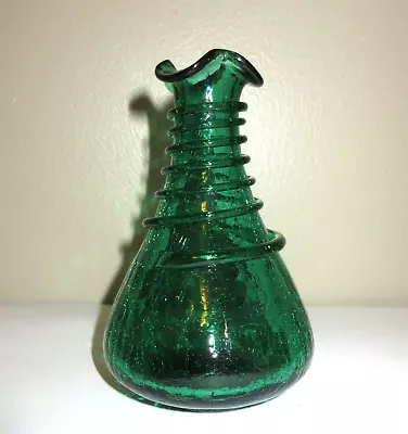 Buy Vtg MCM Crackle Glass Emerald Green Mini Vase Coil Rigoree Ruffle Rim 4.5  Tall • 15.19£