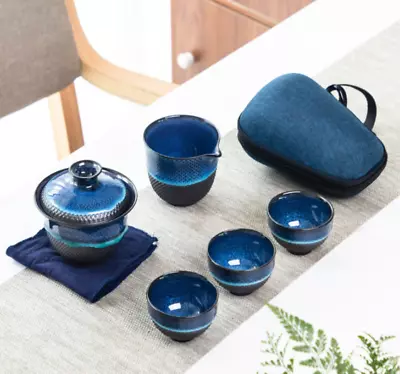 Buy Portable Chinese Tea Set Travel Case Blue Ceramic Tea Cup Tea Pot Gaiwan Kungfu • 54.55£