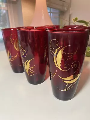 Buy Set Of (8) Eight Anchor Hocking Royal Ruby Gold Leaf MCM Tumblers Glasses 1950’s • 85.39£
