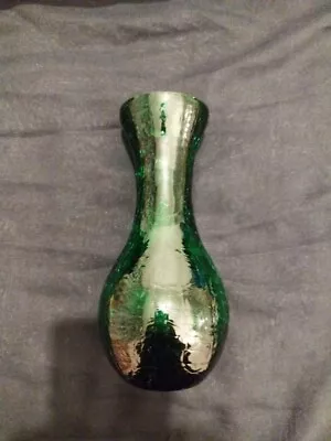 Buy Vase Gorgeous Emerald Green Crackle Art Glass Vase Square Pinched Body • 15£