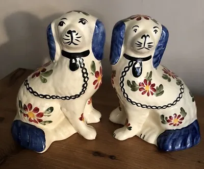 Buy Pair Of Vintage Siltone Pottery Staffordshire Hand Painted Mantel Dogs 20cm Blue • 40£