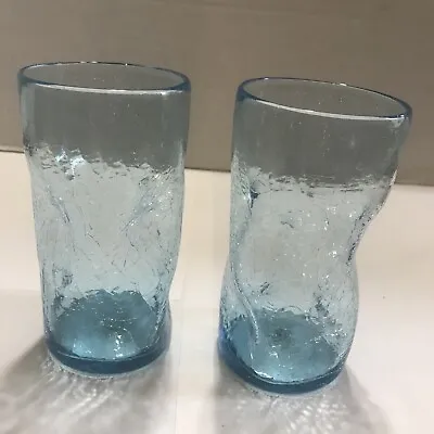 Buy Pilgrim Glass Crackle Pinched Tumblers Blue Set Of 2 Pinch 5 3/4” 16 Oz • 30.37£